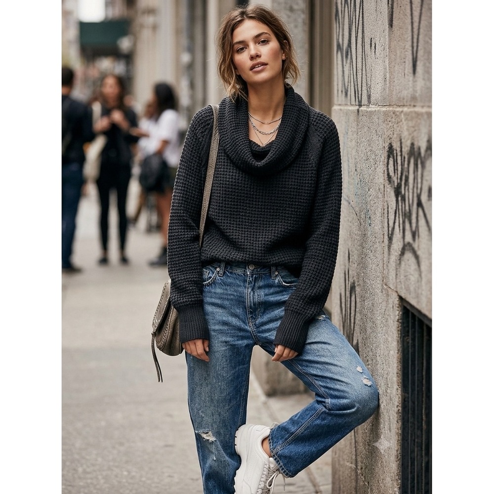 Free People Cowl Neck‎ Sweater Black Charcoal Waffle Knit Boucle Pullover Medium